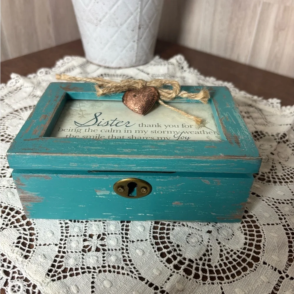 Charming Distressed Teal Sister Frame Music Box with Heart Accent